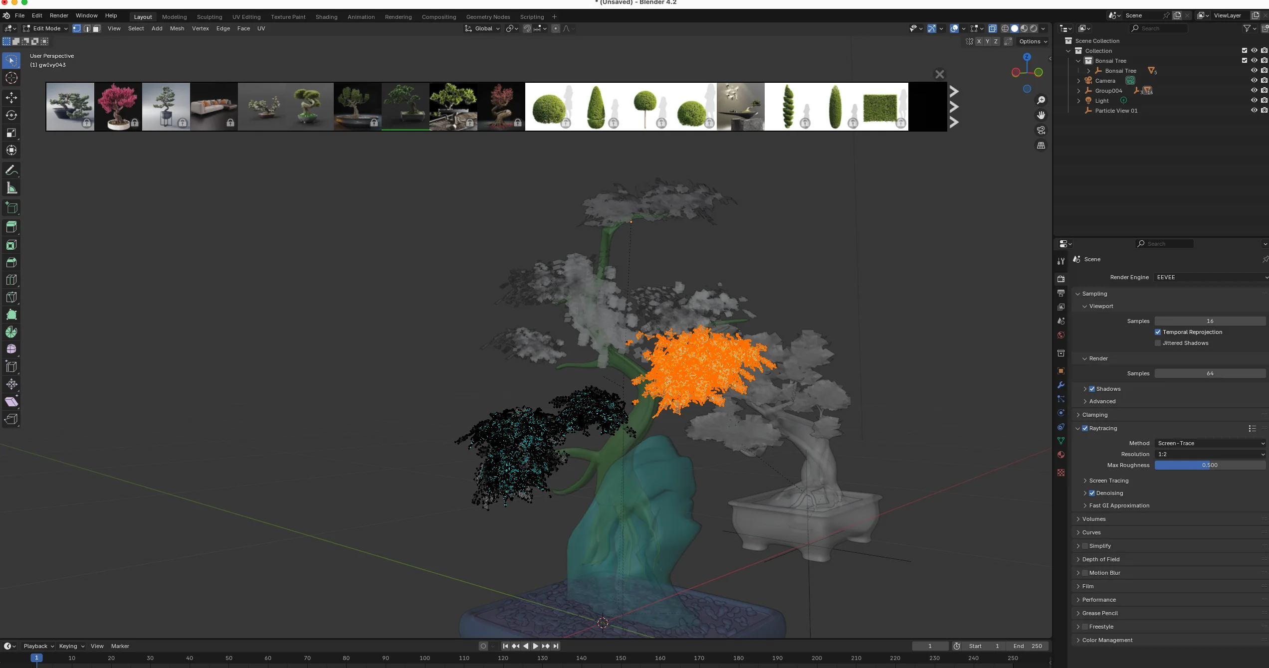 Blender — bonsai tree model with particle systems and material tests