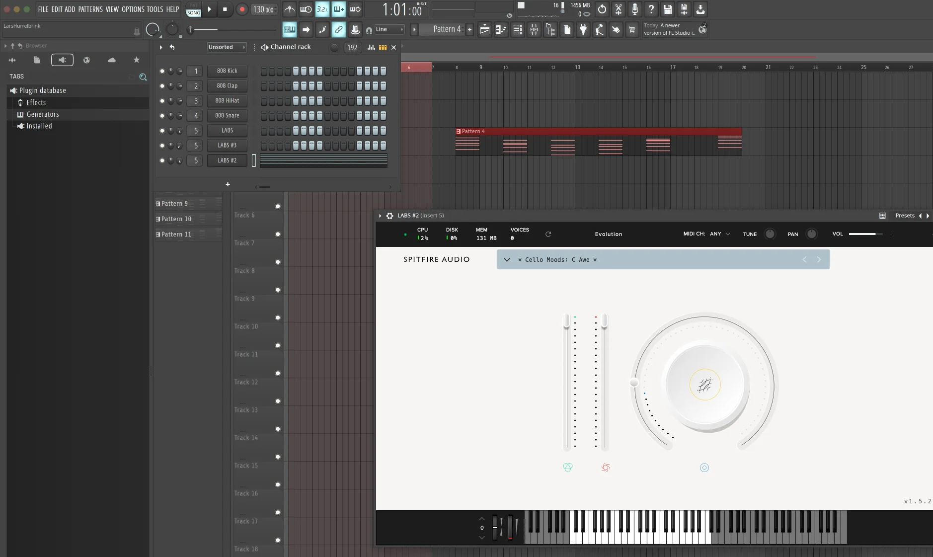 FL Studio — music composition with 808 drums and Spitfire Audio LABS